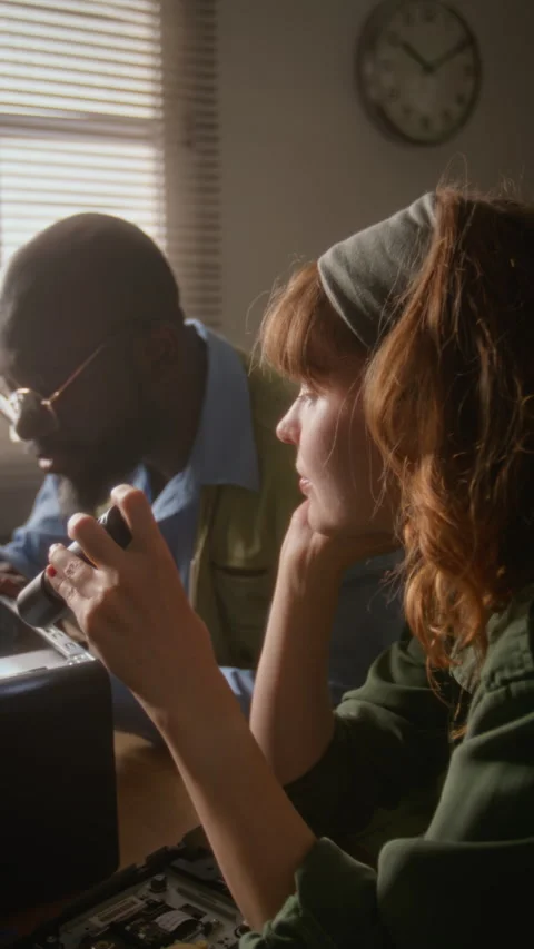Vertical of Man Repairing Computer with Female Colleague Stock Footage 341427381