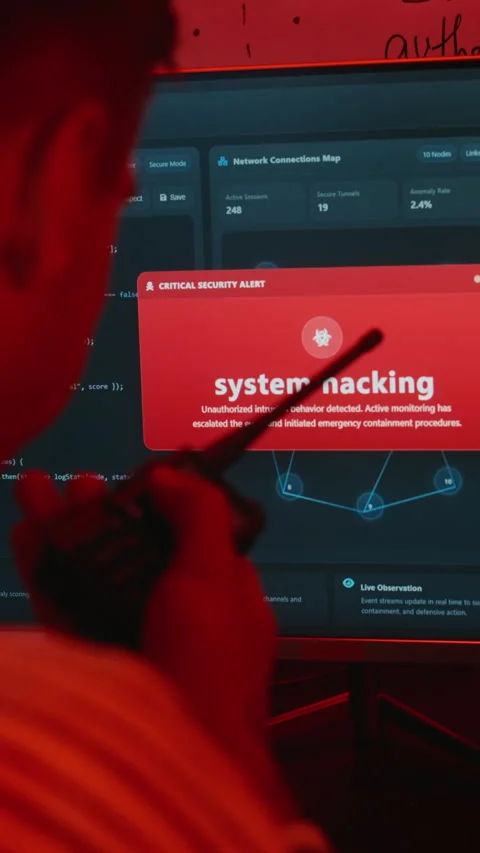 Vertical of Man Reporting Cyber Attack Warning on Computer Monitor with Radio Stock Footage 346813287