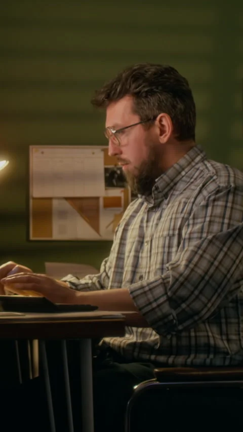 Vertical of Man Typing on Keyboard and Waiting for Computer Program to Work Stock Footage 327239886