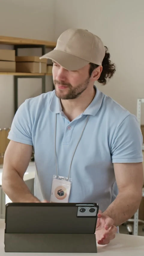 Vertical of Man Using Digital Tablet for Order Fulfillment in Warehouse Stock Footage 346055557
