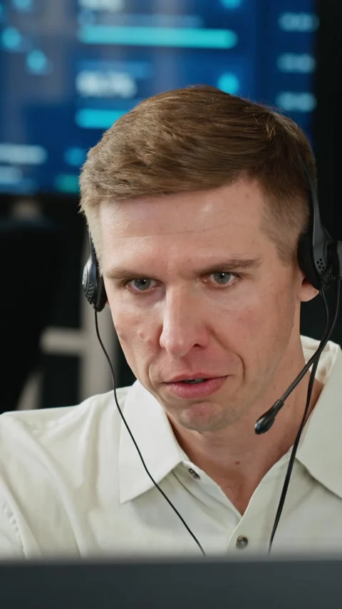 Vertical of Man Wearing Headset Providing Tech Support in Cybersecurity Office Stock Footage 346813280