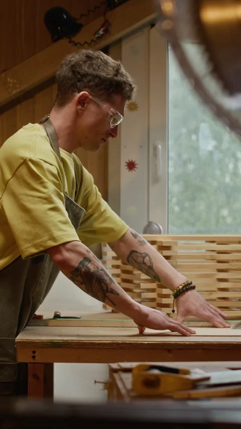Vertical of Man Working in Carpentry Workshop Cutting Wooden Planks Stock Footage 340391245