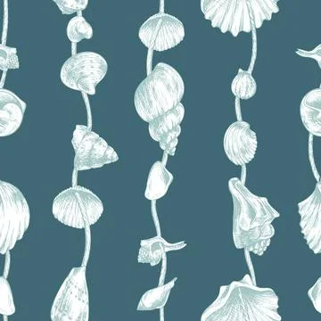 Vertical marine garlands with assorted seashells and beads on dark teal backdrop Stock Illustration