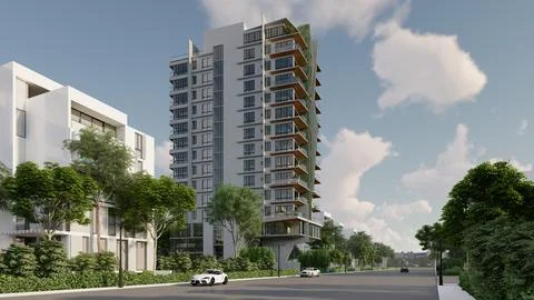 Vertical Marvels Multi-Storied Building Designs in 3D Render Fotos de archivo