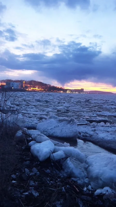 Vertical Massive Ice Run On Heilongjiang River At Sunset Stock Footage 334857542