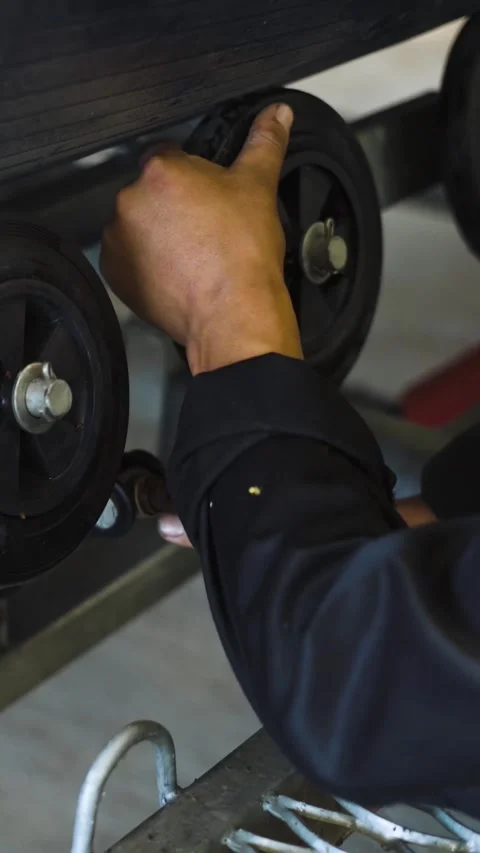 Vertical of Master asian working with wrench on truck. Wooden boat. Stock Footage 305492728