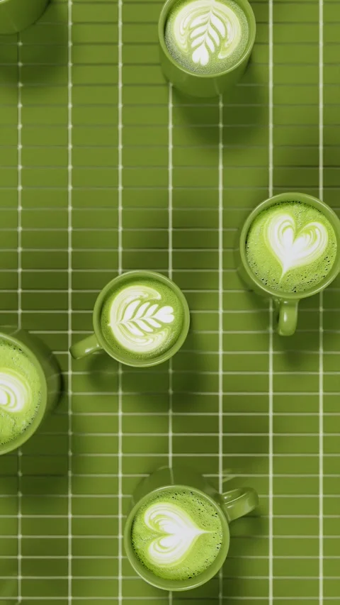 Vertical matcha latte art tea green cup beverage cafe drink pattern ceramic tile Stock Footage 332298251