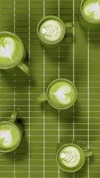 Vertical matcha latte art tea green cup beverage cafe drink pattern ceramic tile Stock Illustration