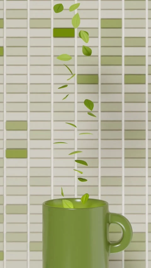 Vertical matcha tea leaf mug green beverage cup background ceramic manual 3D Stock Footage 332328166