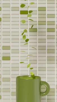 Vertical matcha tea leaf mug green beverage cup background ceramic manual 3D Illustrazione stock