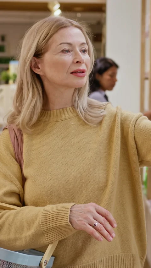 Vertical of Mature Woman Using Mobile Phone While Shopping in Store Stock Footage 345506147