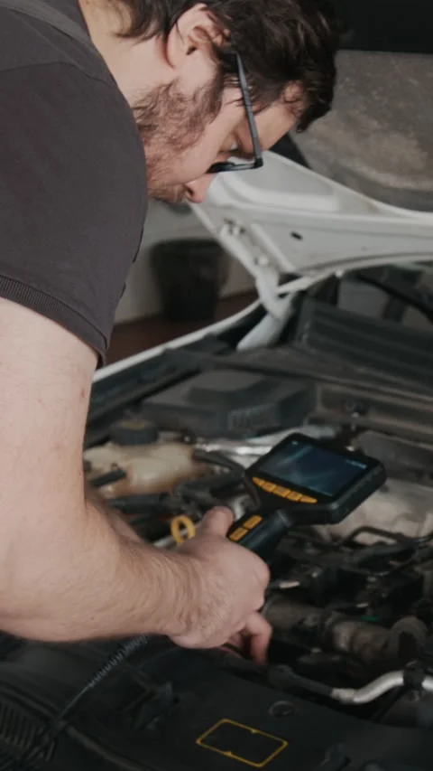 Vertical of Mechanic Performing Remote Car Engine Inspection with Endoscope Stock Footage 329462916