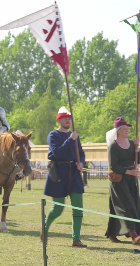 Vertical medieval knights parade with heraldic banners Stock Footage 340255511