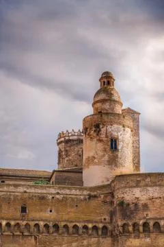 Vertical medieval tower with dramatic sky in castle of Vasto - Abruzzo - Italy Stock Photos