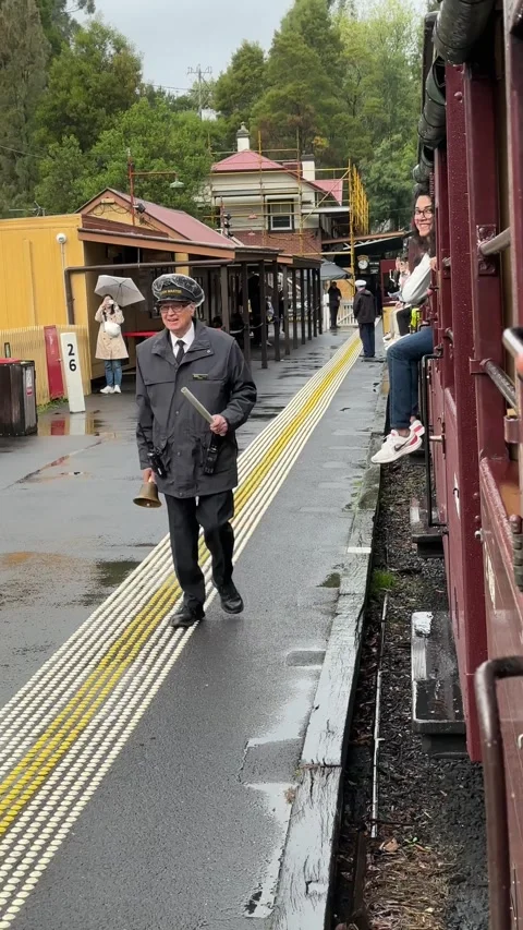 Vertical Medium Shot of Historic Puffing Billy Steam Train Passing Station Video stock 345781837
