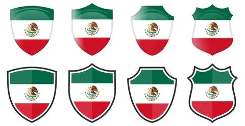 Vertical Mexican flag in shield shape, four 3d and simple versions. Mexico... Stock Photos