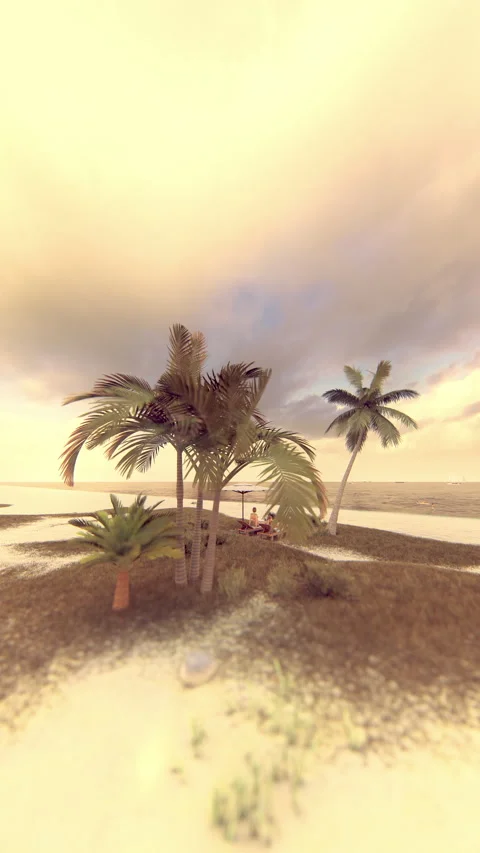 Vertical Midday View of Tropical Beach with Palm Trees and Relaxing People Stock Footage 339410136