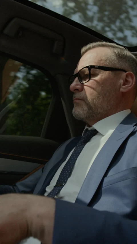Vertical of Middle Aged Executive Reading Business Documents in Backseat of Car Stock Footage 343375219