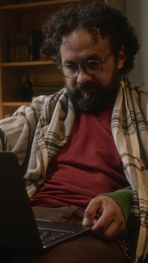 Vertical of Middle-aged Man Opening Laptop for Remote Work Stock Footage 341677865