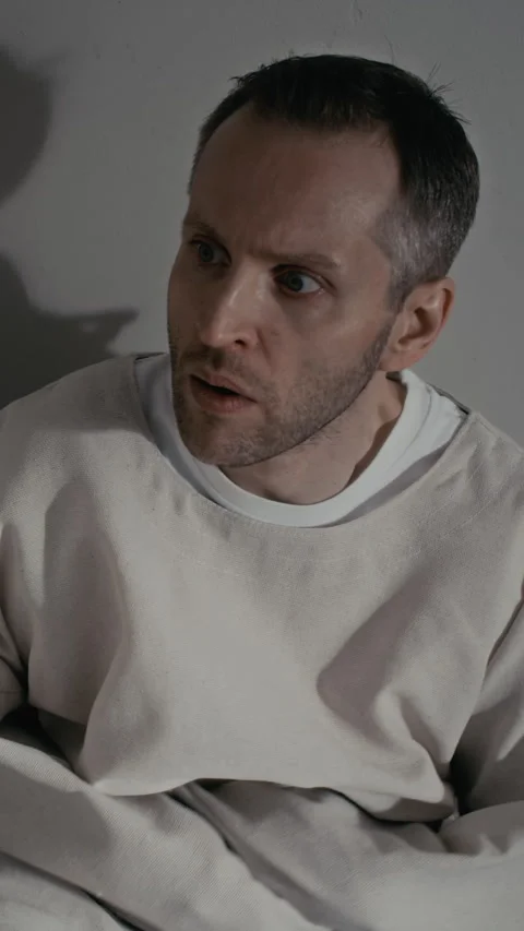 Vertical of Middle Aged Man in Straitjacket Looking Paranoid in Mental Hospital Vídeos de archivo 336662290
