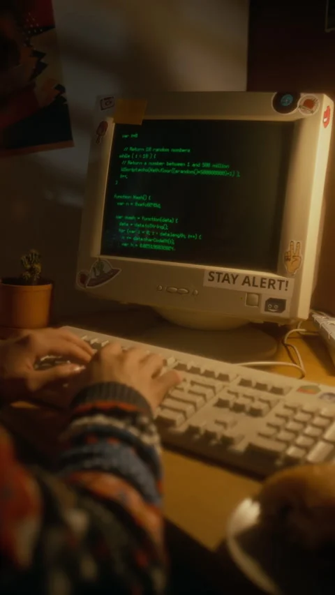 Vertical of Millennial Programmer Typing Code on Retro Computer in 1990s Stock Footage 286096209
