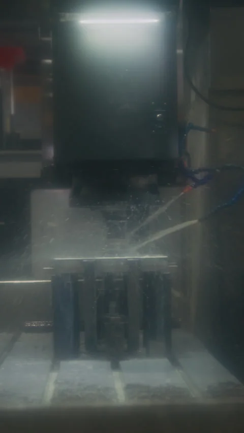 Vertical of Milling Machine Spraying Coolant over Metal Piece in Plant Stock Footage 280378557