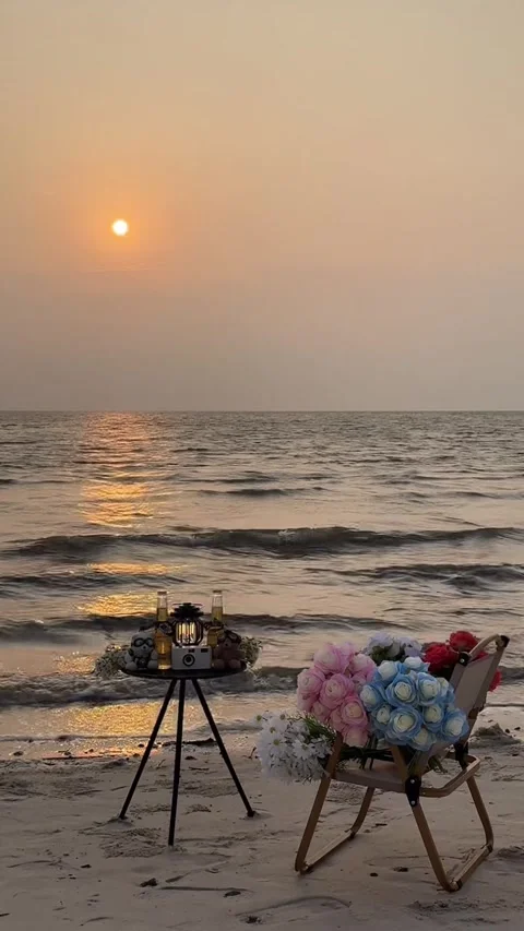 Vertical Minimalist Beach Sunset Table Setting with Teddy Bears Stock Footage 333488167