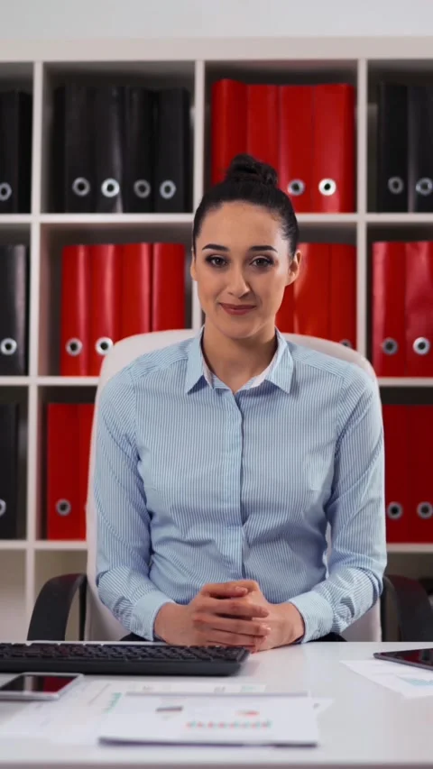 Vertical of Modesty cute businesslady work in office Stock Footage 305516945