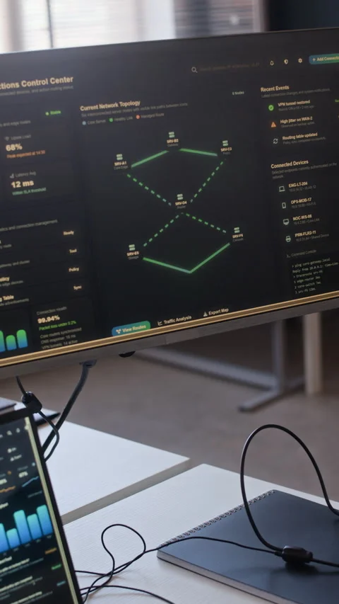Vertical of Monitors with Network Analytics and Codes in Cybersecurity Office Stock Footage 334936132