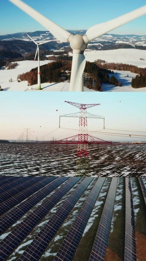 Vertical montage combining wind blade, transmission lines and solar panels. Stock Footage 343106781