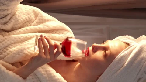 Vertical morning wine spa drink woman alcohol Stock Footage 255262183