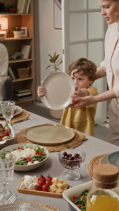 Vertical of Mother and Sons Preparing Dining Table for Family Dinner Stock Footage 340322742