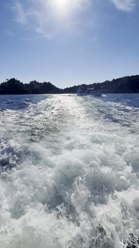 Vertical motorboat wake foam leaving Portofino bay Italy stern view Stock Footage 345962121