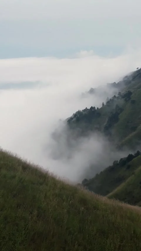 Vertical Mountain Cloud Sea Aerial Drone Nature Scenery Motion Stock Footage 327678898