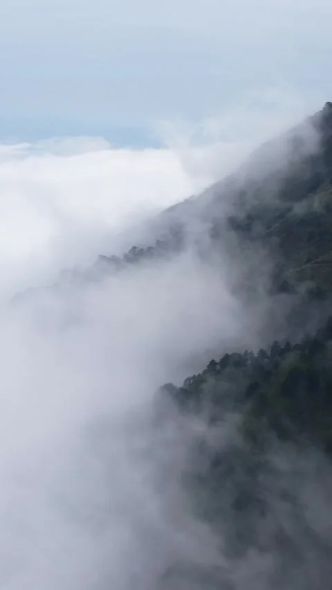 Vertical Mountain Cloud Sea Aerial Drone Nature Scenery Motion Stock Footage 327678904