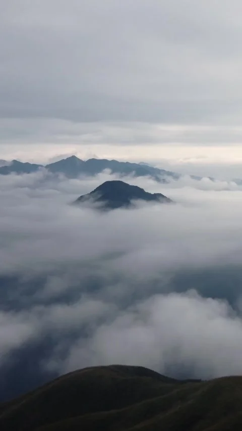 Vertical Mountain Cloud Sea Aerial Drone Nature Scenery Motion Stock Footage 327678913