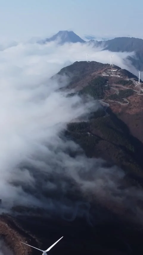 Vertical Mountain Cloud Sea Aerial Drone Nature Scenery Motion Stock Footage 327679052