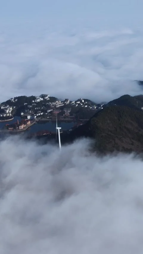 Vertical Mountain Cloud Sea Aerial Drone Nature Scenery Motion Stock Footage 327679083