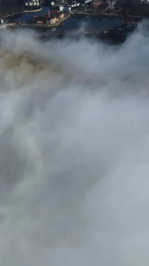 Vertical Mountain Cloud Sea Aerial Drone Nature Scenery Motion Stock Footage 327679136