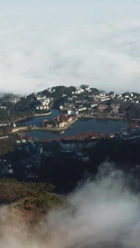 Vertical Mountain Cloud Sea Aerial Drone Nature Scenery Motion Stock Footage 327679148