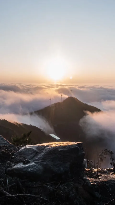 Vertical Mountain Peak Sea of Clouds Timelapse Majestic Nature Stock Footage 327668455