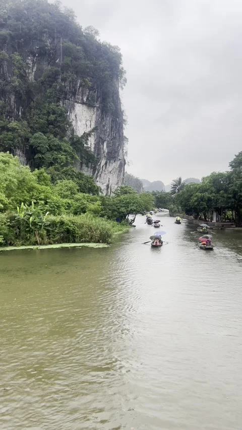 Vertical Moving Shot of Rainy River with Boats and Umbrellas, Ninh Hai, Vietnam Video stock 310747574