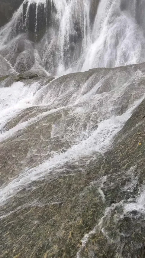 Vertical Multi-Tiered Waterfall Cascading, Lush Tropical Jungle Stock Footage 325304238