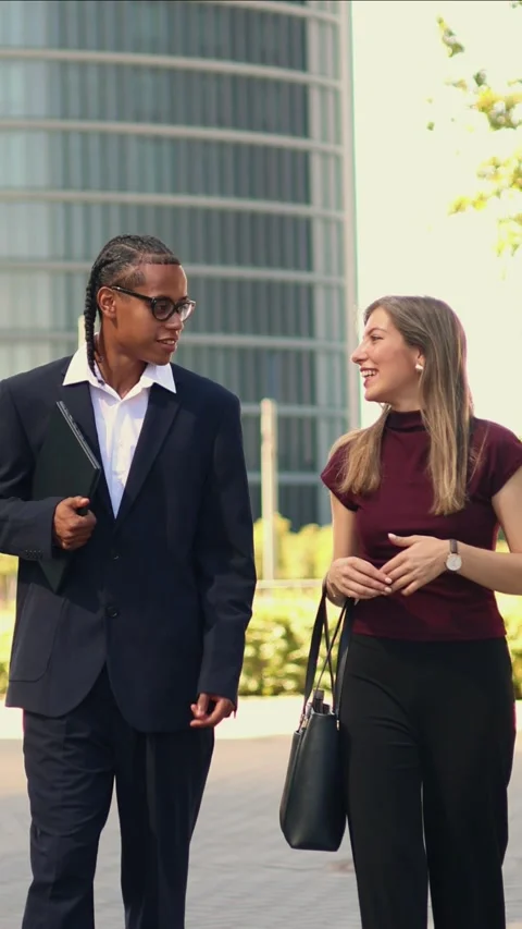Vertical multicultural Business partners walking and talking in the financi.. Stock Footage 317014399