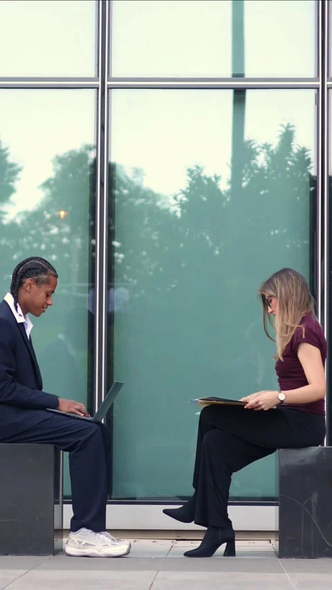 Vertical multicultural Business partners working outdoors with laptop and d.. Stock Footage 317014413