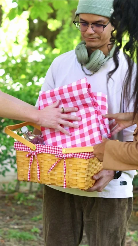 Vertical Multicultural Friends preparing picnic basket in a park Stock Footage 314337927