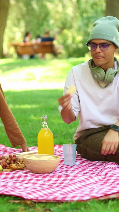 Vertical Multicultural Young man enjoying chips at a picnic in the park Stock Footage 314337943