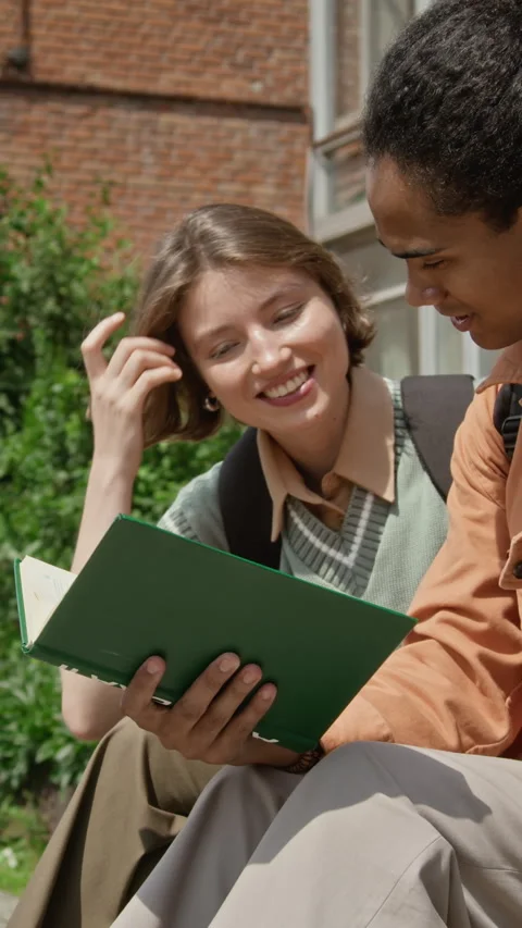 Vertical of Multiethnic College Students Studying Together on Campus Outdoors Stock Footage 342110867