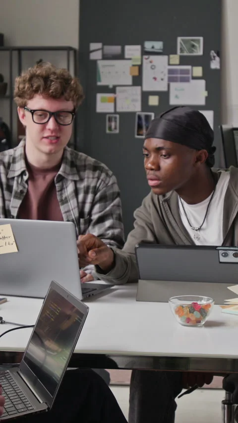 Vertical of Multiethnic Developers Collaborating on Software Development Stock Footage 336708921