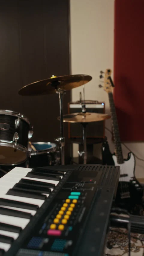 Vertical of Musical Instruments Standing in Studio for Rock Band Practice Stock Footage 336385633